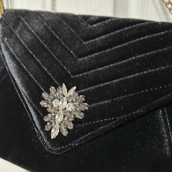 Handbags - Black Velvet Envelope Embellished Clutch with Sparkly Bling NWT
